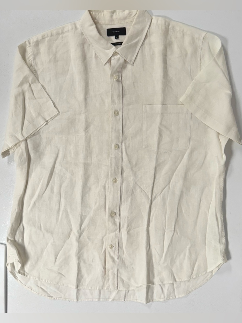 Vince Linen Shirt White Button Up Short Sleeve Classic Fit Minimalist Men XL